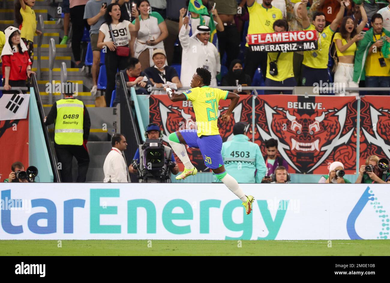 Rodrygo Silva de Goes du Brésil célèbre son but lors de la coupe du monde de la FIFA 2022, Round de 16 match de football entre le Brésil et la République de Corée sur 5 décembre 2022 au stade 974 à Doha, Qatar - photo Jean Catuffe / DPPI Banque D'Images