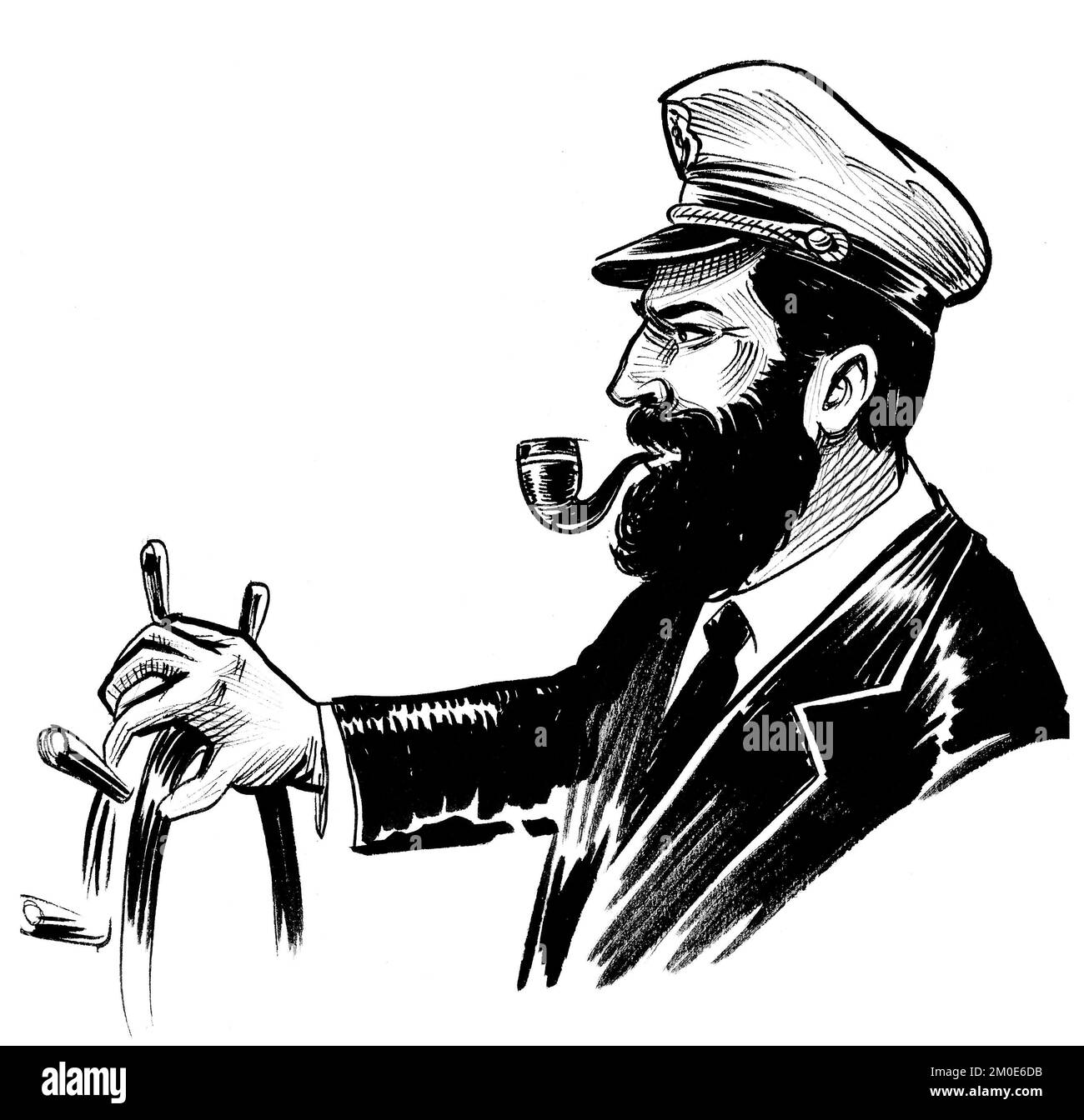 Capitaine de mer au volant. Dessin noir et blanc Banque D'Images