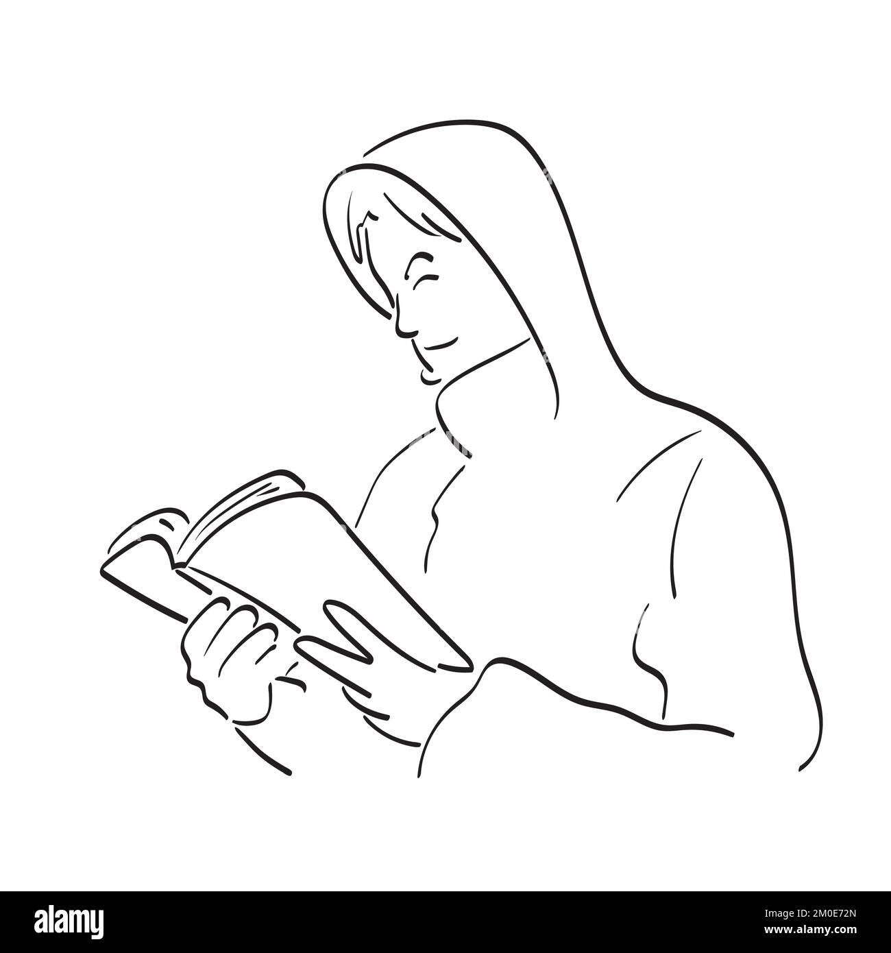 dessin au trait demi-longueur de l'homme dans le livre de lecture de la hotte illustration vecteur dessiné à la main isolé sur fond blanc Illustration de Vecteur