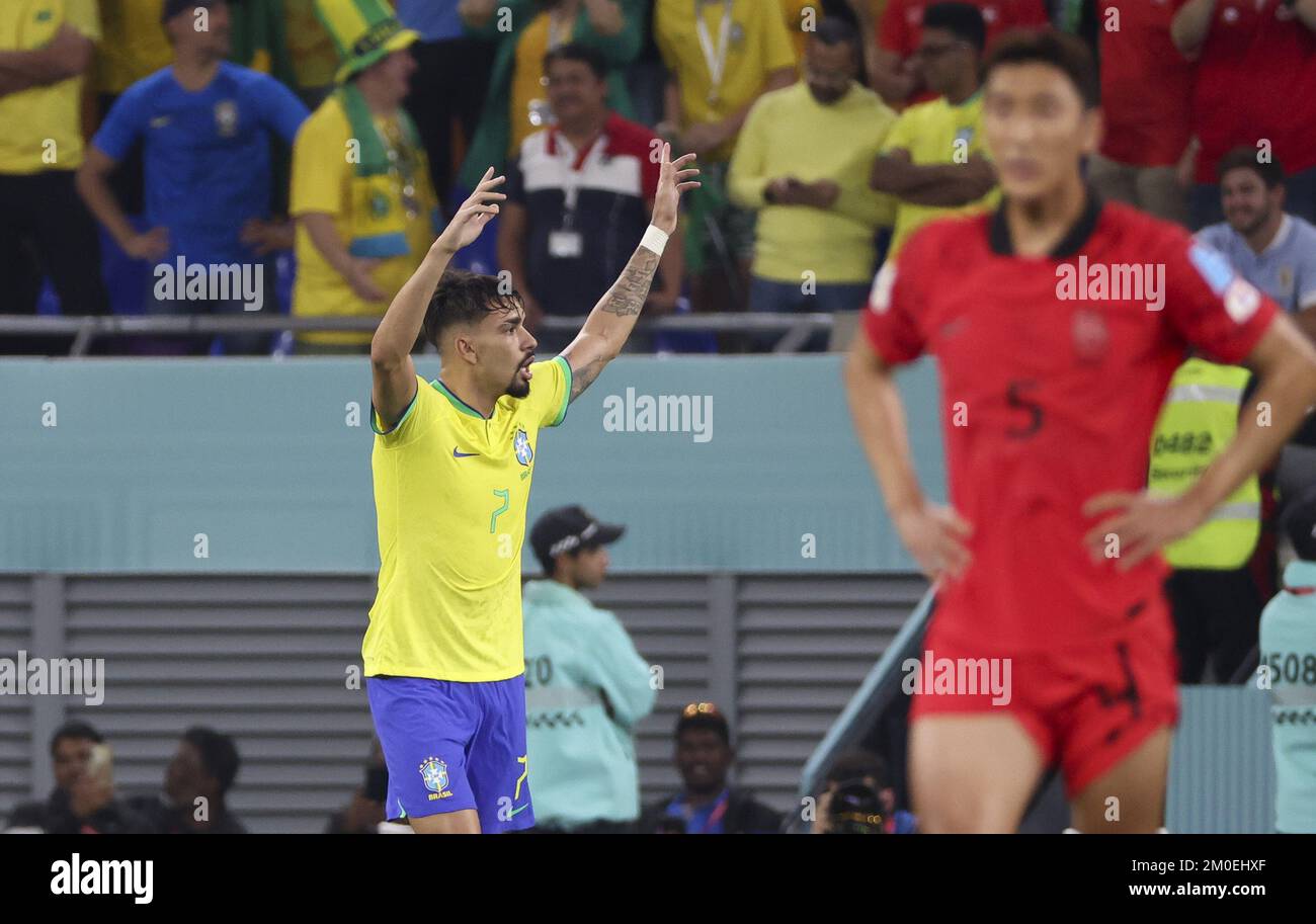 Lucas Paqueta, du Brésil, célèbre son but lors de la coupe du monde de la FIFA 2022, série de 16, match de football entre le Brésil et la République de Corée sur 5 décembre 2022 au stade 974 de Doha, Qatar - photo : Jean Catuffe/DPPI/LiveMedia Banque D'Images