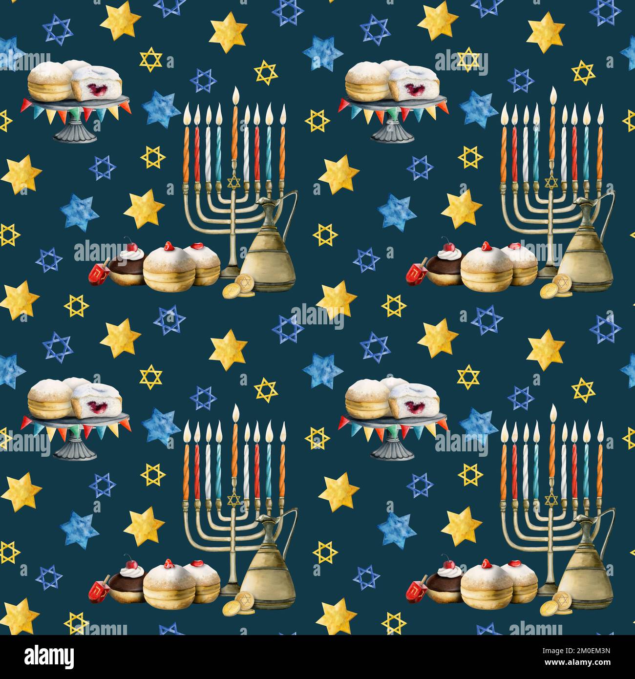 Motif bleu Hanoukkah avec menorah, bougies, beignets, étoiles de David. Illustration aquarelle colorée et réaliste des symboles juifs sur fond sombre Banque D'Images