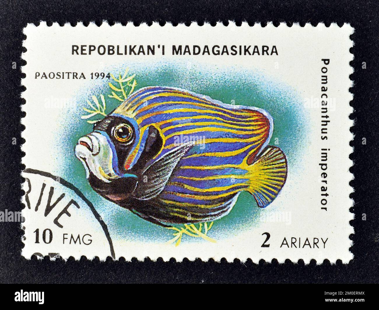 Timbre-poste annulé imprimé par Madagascar, qui montre l'empereur Angelfish (imperméable de Pomacanthus), vers 1994. Banque D'Images