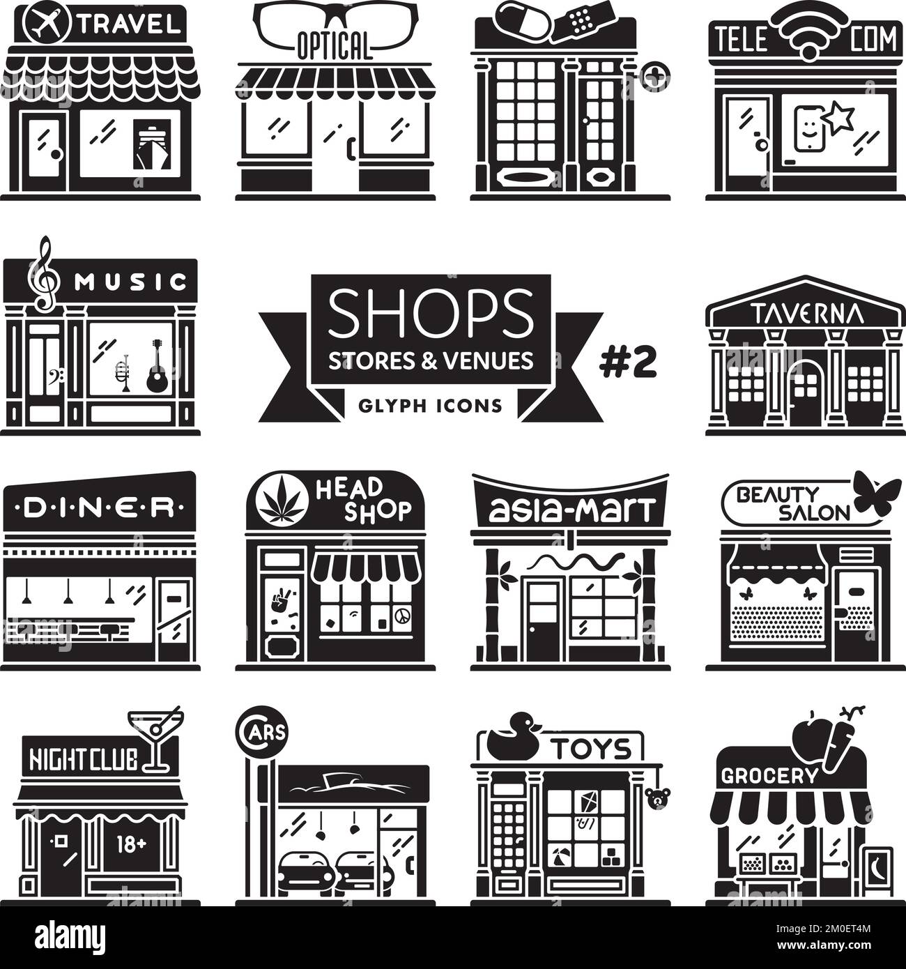 Magasins, magasins et restaurants. Jeu de 14 illustrations vectorielles pour la boutique. Concept de vente au détail et d'achat. Illustration de Vecteur