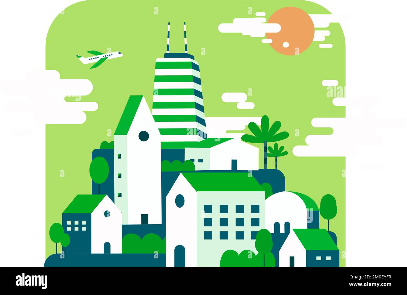 Green City buildings ECO paysage.Vector illustration.Flat ville mignonne avec vue sur la nature. Illustration de Vecteur