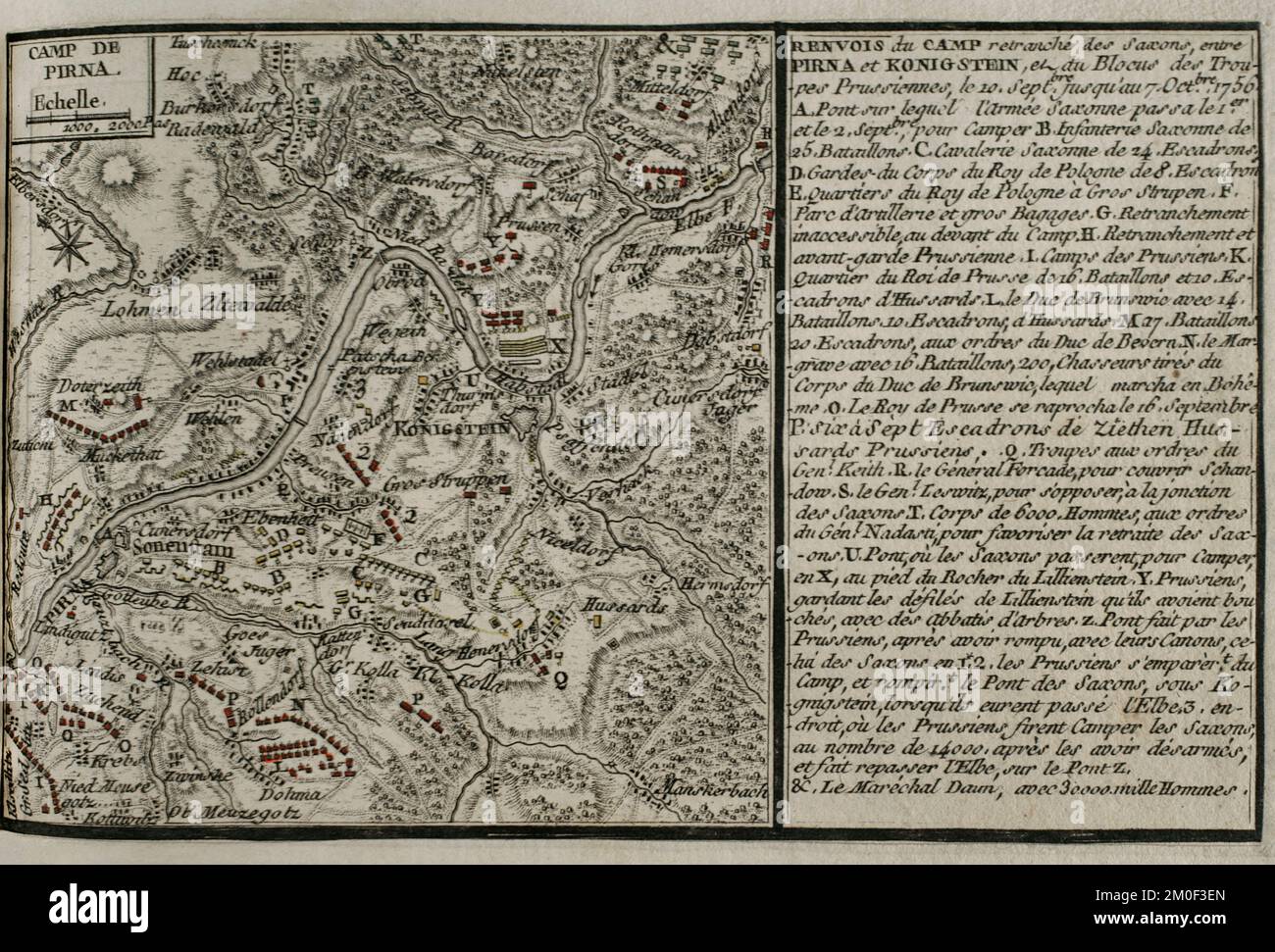 Guerre de sept ans (1756-1763). Carte du campement à Pirna, 1756. Il représente le pont que l'armée saxonne a utilisé pour traverser la rivière Elbe à Pirna les 1st et 2nd septembre, Et montre les positions des forces, dirigées par Frédéric le Grand (roi de Prusse), le roi de Pologne, le duc de Brunswick, le duc de Bevern, le général Forcade, le maréchal Keith, le maréchal Browne et le prince Maurice, tout au long des cinq semaines de chaque côté de l'Elbe. Publié en 1765 par le cartographe Jean de Beaurain (1696-1771) comme illustration de sa Grande carte d'Allemagne, avec les événements qui ont eu lieu au cours des sept Banque D'Images