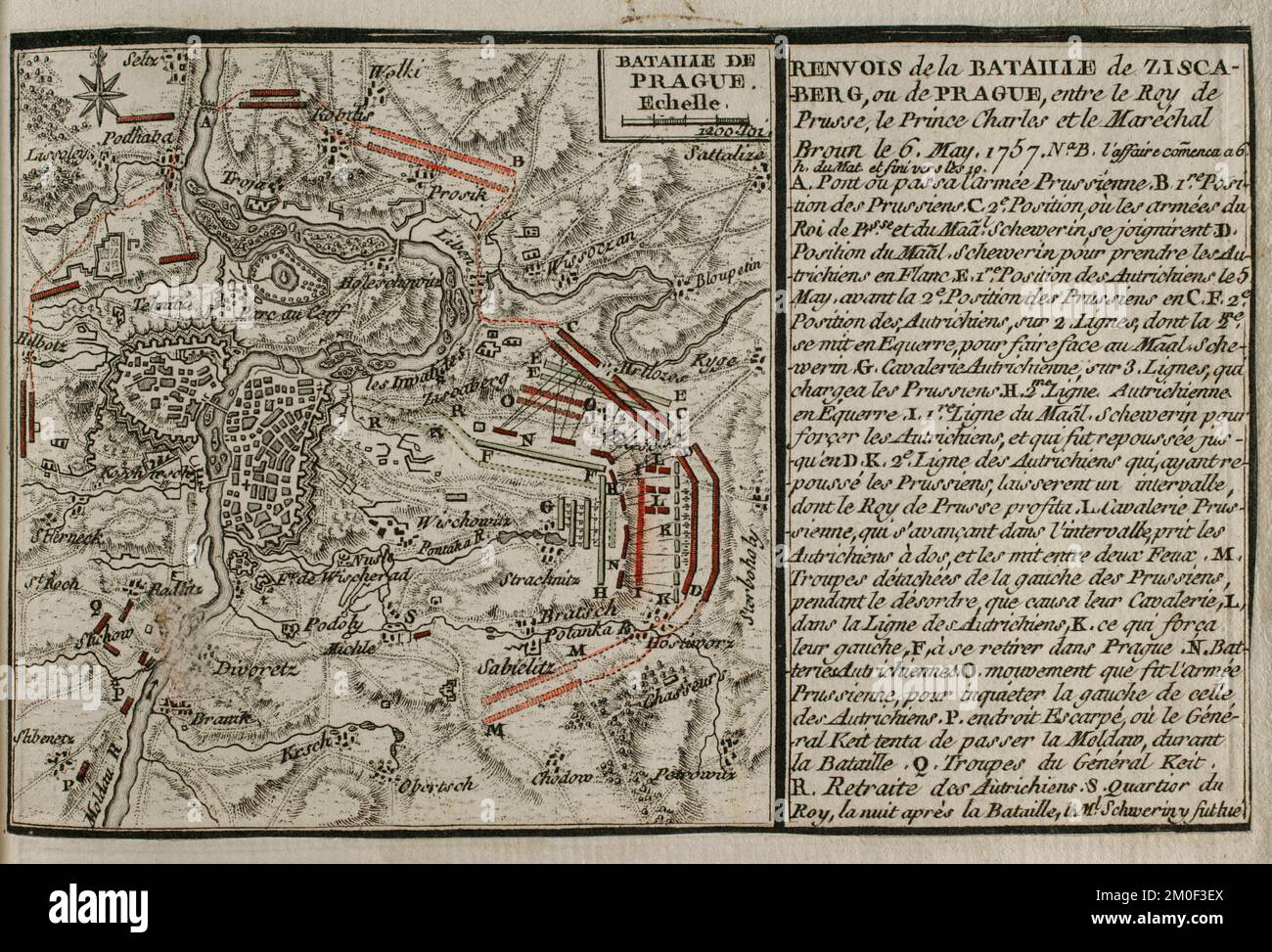 Guerre de sept ans (1756-1763). Carte de la bataille de Prague (6 mai 1757). L'armée prussienne de Frédéric le Grand battit une armée du Saint Empire romain, dirigée par Charles de Lorraine. Publié en 1765 par le cartographe Jean de Beaurain (1696-1771) comme illustration de sa Grande carte d'Allemagne, avec les événements qui ont eu lieu pendant la guerre de sept ans. Gravure et gravure. Édition française, 1765. Bibliothèque historique militaire de Barcelone (Biblioteca Histórico Militar de Barcelone). Catalogne. Espagne. Banque D'Images