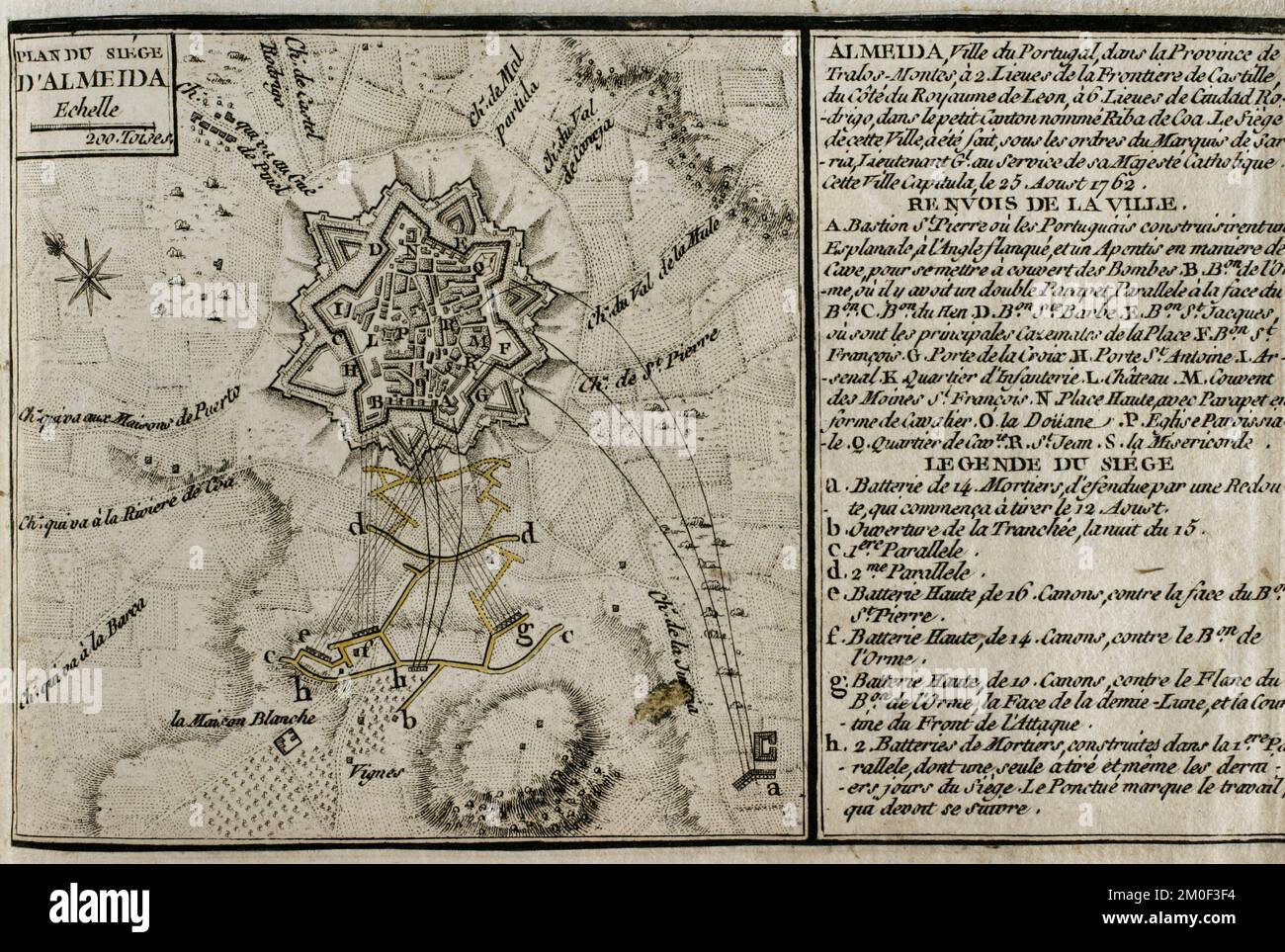 Guerre de sept ans (1756-1763). Siège d'Almeida (16 au 25 août 1762). Les troupes espagnoles dirigées par Pedro Pablo Abarca de Bolea, comte d'Aranda, ont assiégé et pris la ville portugaise pendant le conflit. Plan du siège d'Almeida, 1762. Publié en 1765 par le cartographe Jean de Beaurain (1696-1771) comme illustration de sa Grande carte d'Allemagne, avec les événements qui ont eu lieu pendant la guerre de sept ans. Gravure et gravure. Édition française, 1765. Bibliothèque historique militaire de Barcelone (Biblioteca Histórico Militar de Barcelone). Catalogne. Espagne. Banque D'Images