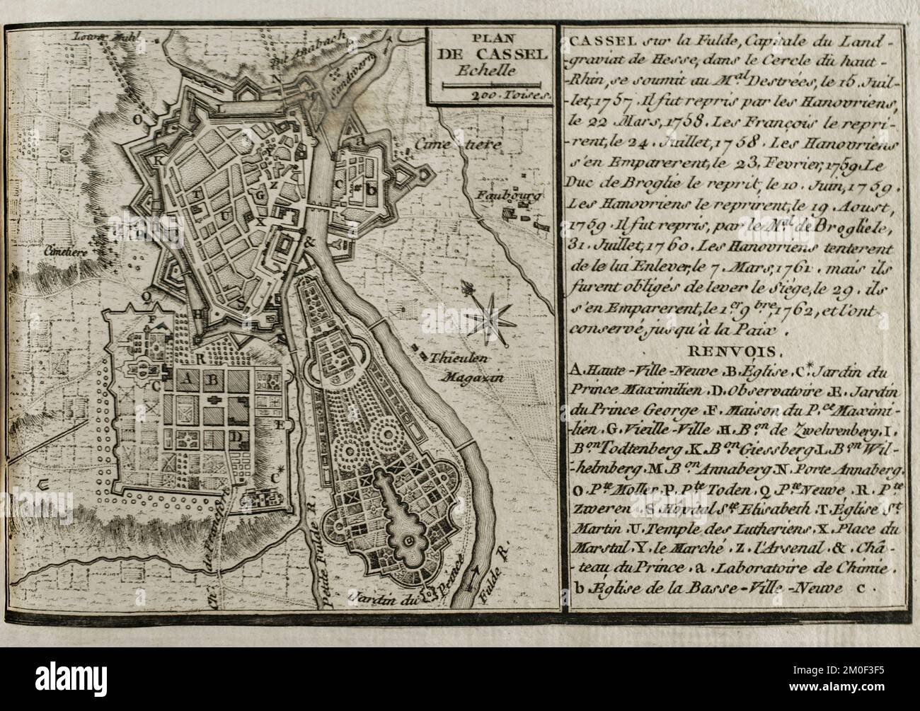 Guerre de sept ans (1756-1763). Carte de Cassel, 1757-1762. La ville fut assiégée entre octobre et novembre 1762 par une force alliée de troupes hanoviennes, hessiennes et britanniques sous le commandement du duc de Brunswick, pour finalement la prendre des Français. Publié en 1765 par le cartographe Jean de Beaurain (1696-1771) comme illustration de sa Grande carte d'Allemagne, avec les événements qui ont eu lieu pendant la guerre de sept ans. Gravure. Édition française, 1765. Bibliothèque historique militaire de Barcelone (Biblioteca Histórico Militar de Barcelone). Catalogne. Espagne. Banque D'Images