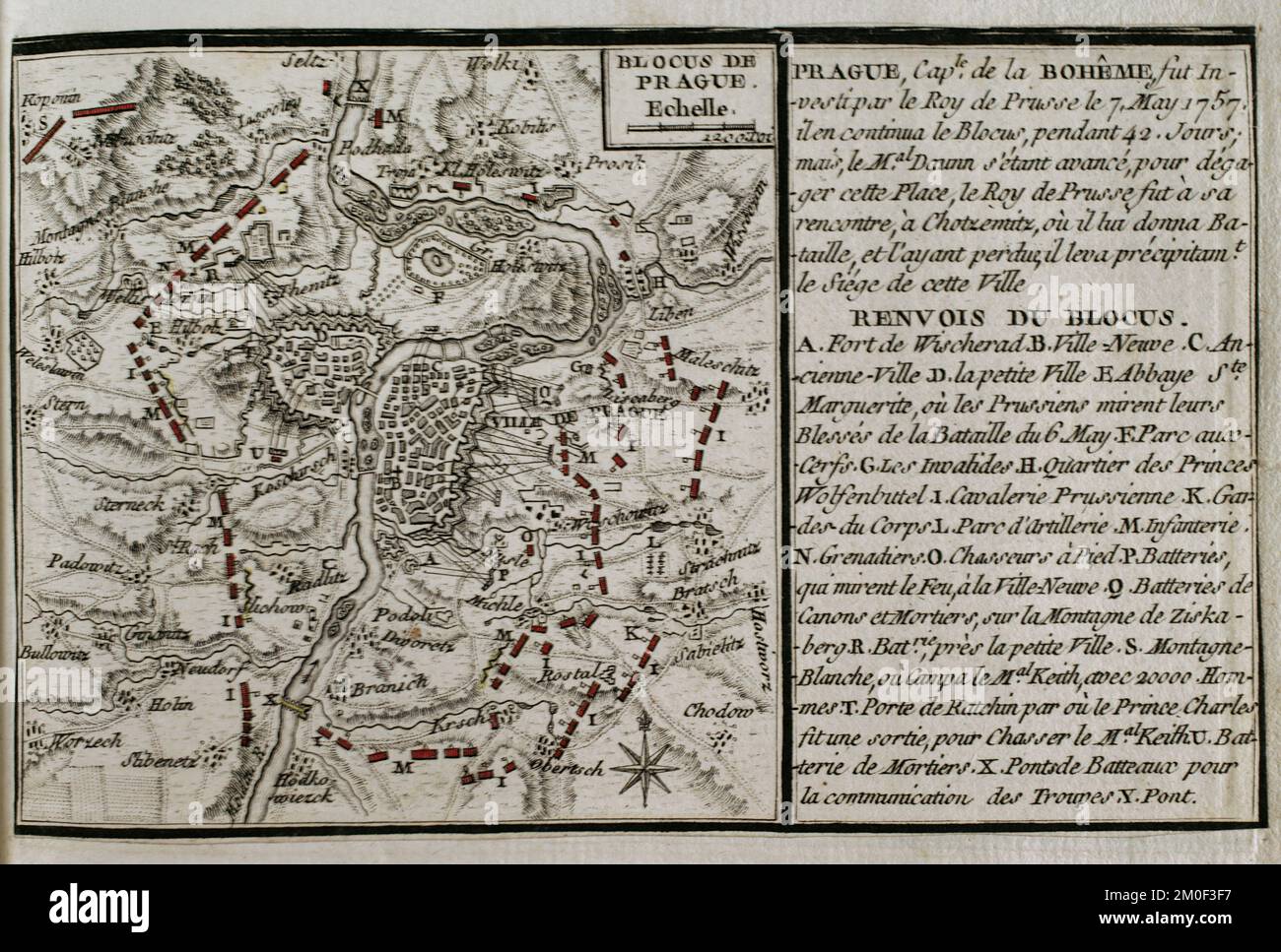 Guerre de sept ans (1756-1763). Carte du blocus des troupes prussiennes à Prague, 1757. Assiégé par le roi de Prusse Frédéric le Grand à partir du 7th mai 1757. Le blocus a continué pendant 42 jours. Entre-temps, une armée autrichienne sous le commandement du maréchal Daun a marché à l'aide des assiégés. Frédéric le Grand a décidé de mobiliser l'armée du duc de Bevern pour couper l'armée de Daun. Le 8 juin, Kaunitz ordonna à Daun de lancer l'opération de libération de Prague, et les troupes commencèrent leur avance le 12 juin. Publié en 1765 par le cartographe Jean de Beaurain (1696-1771) comme illustration de son G Banque D'Images