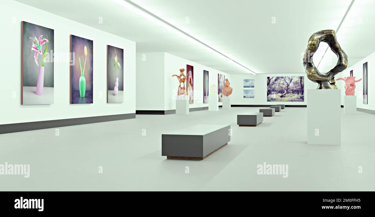 Une galerie d'art avec toile et plastique, illustration 3D Banque D'Images