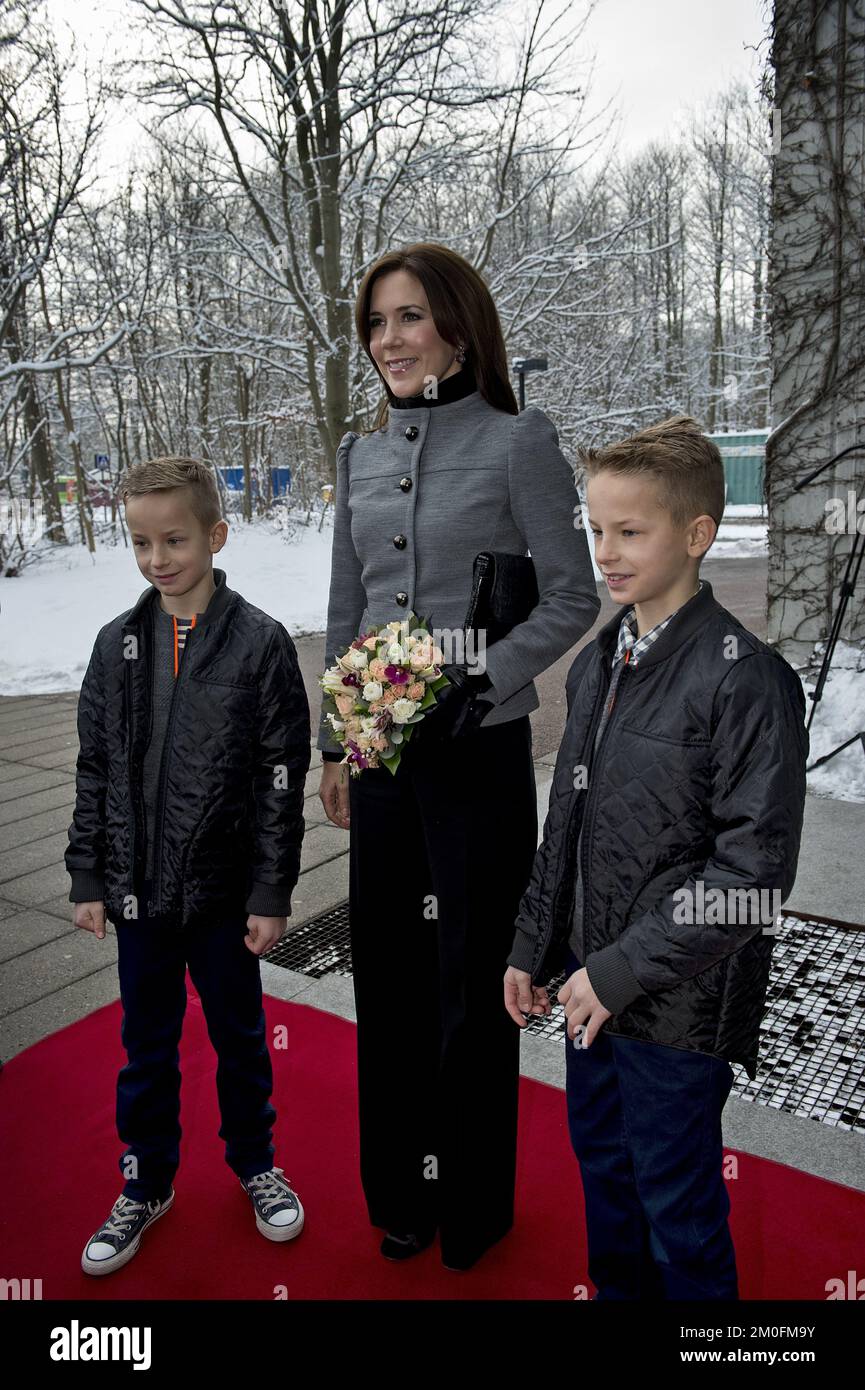 La princesse de la Couronne Mary reçoit des fleurs de jumeaux Jonas et Joachim à son arrivée à l'Université du Sud du Danemark. La princesse Marie, qui est la nouvelle patronne du registre des jumeaux danois et australien, a participé mardi 15 janvier. 2013 dans un double séminaire à l'Université. Il y avait 150 paires de jumeaux âgés de 18 à 90 ans, qui ont participé à l'un des Twin Registers danois de nombreux projets de recherche. (OLE Frederiksen/POLFOTO) Banque D'Images