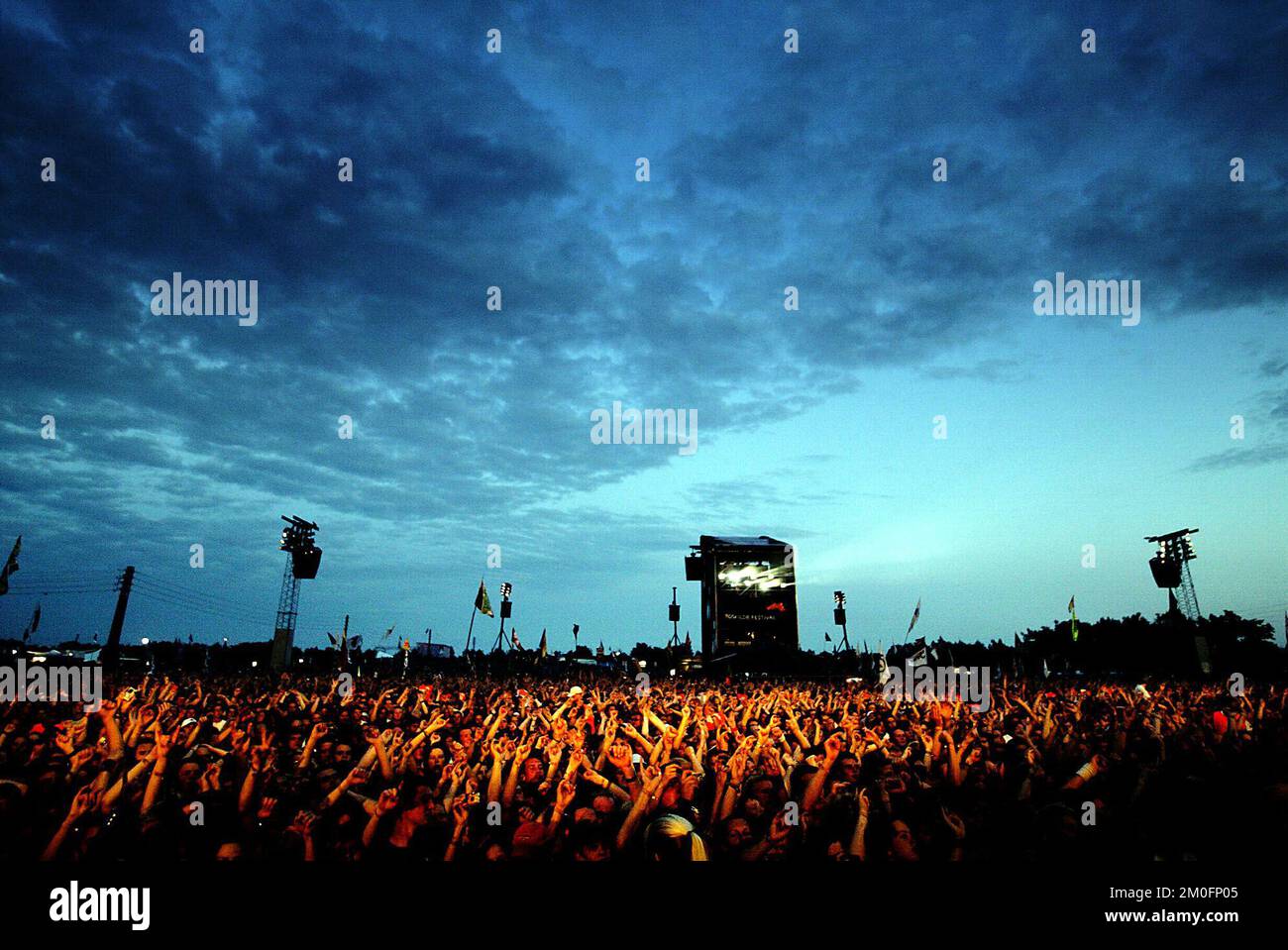 Vue générale du public au Festival de Roskilde '03 au Danemark. Banque D'Images