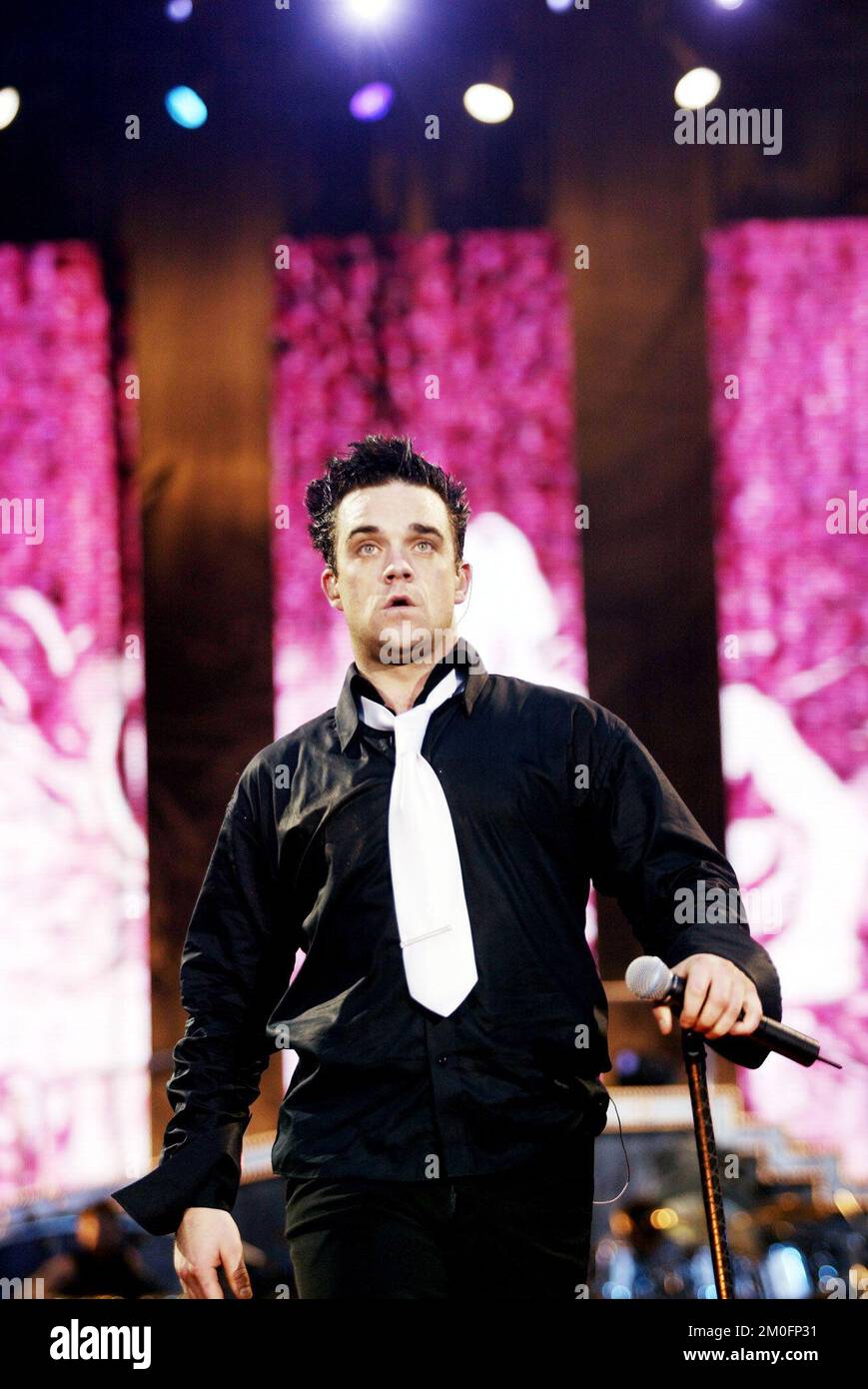Copenhague, Danemark. Robbie Williams en concert. Banque D'Images