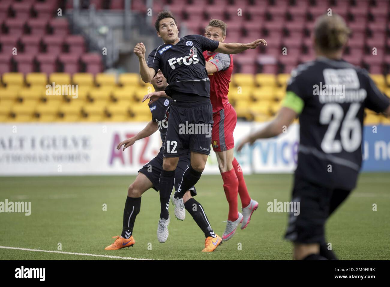 Soerjyske's Soeren Mussmann (12), lors du match entre le FC Nordsjaelland et SoenderjyskE dans le Superliga à Farum, Danemark, vendredi, 17 juillet 2015. (POLFOTO/Mads Nissen) Banque D'Images