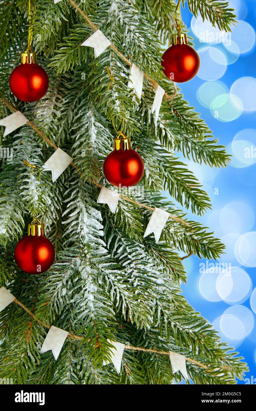 Arbre de Noël avec boules de jouet rouges sur un fond bleu clair avec des lumières de bokeh Banque D'Images