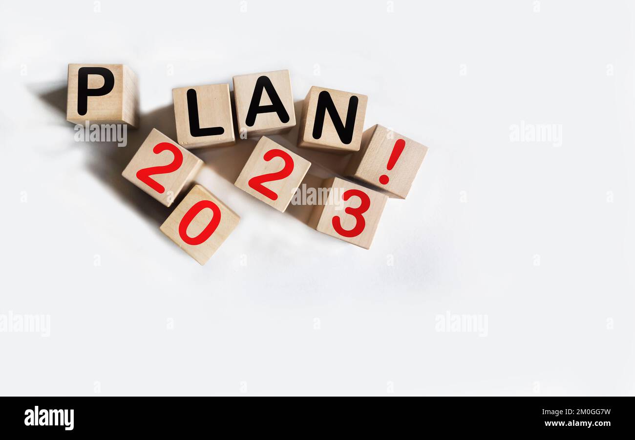 PLAN 2023 texte sur des blocs de bois avec espace de copie sur fond blanc. Résolution, plan, révision, objectif, début, Jours fériés de fin d'année et du nouvel an Banque D'Images