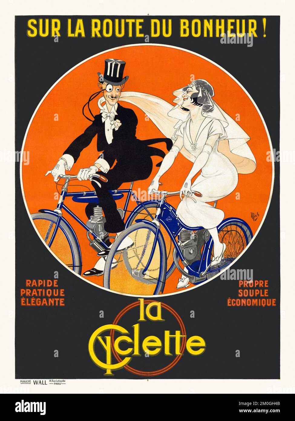Sur la route du bonheur... La Cycette par Jean Marie Michel Liebeaux Mich (1881-1923). Affiche publiée en 1909 en France. Banque D'Images