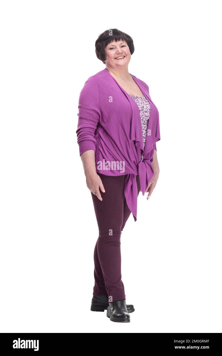 full-length.casual femme âgée dans un chemisier violet. Banque D'Images