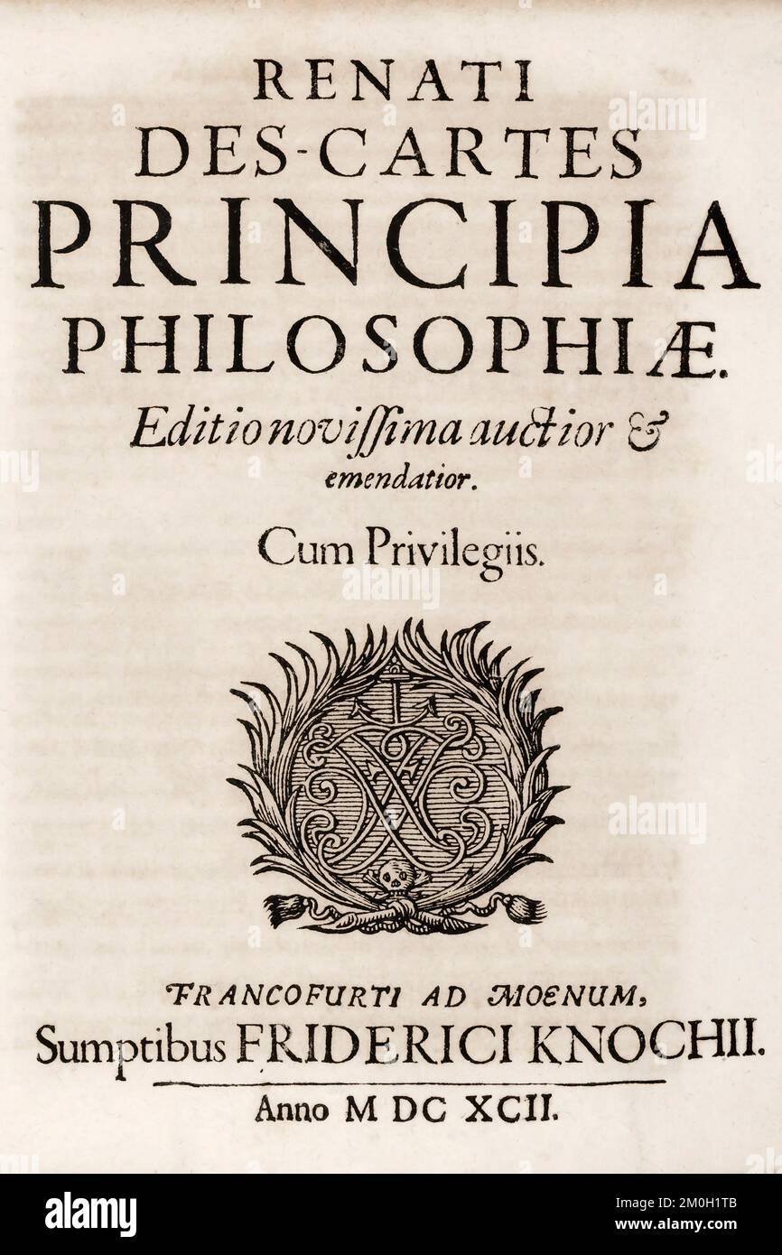 Page de titre d'une édition de 1692 de Principia philosophophiae ou principes de philosophie du philosophe français René Descarte, qui a été publiée pour la première fois en 1644. René Descartes, 1596 - 1650. Banque D'Images