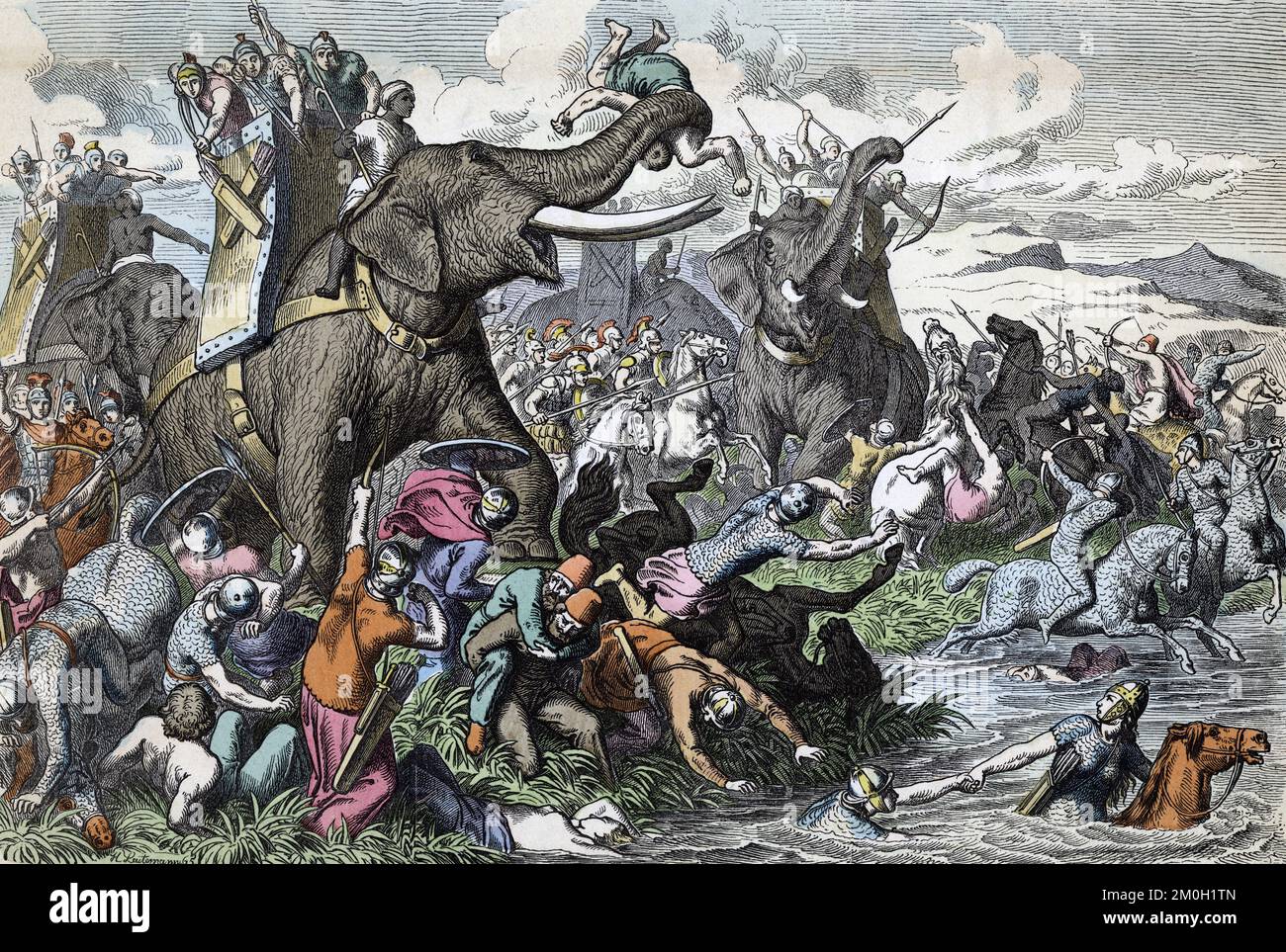 Une force d'éléphants de guerre romains en bataille. Les Romains ont utilisé des éléphants dans de nombreuses batailles. Ils les ont amenés d'Afrique du Nord après avoir vaincu les Carthiginois dans les guerres punique. Après un travail de Heinrich Leutemann. Banque D'Images