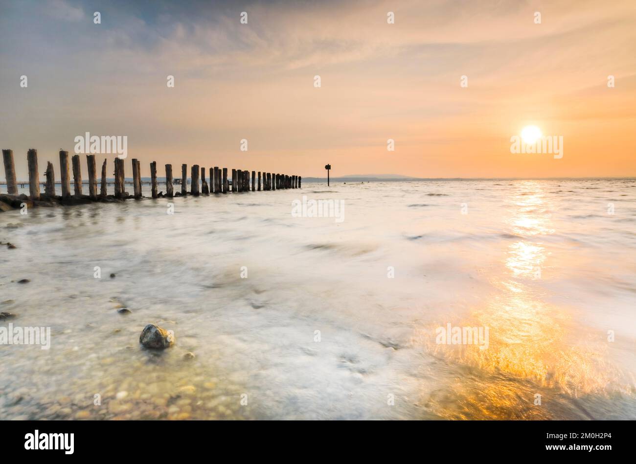 Lever de soleil doré sur les rives du lac de Constance avec jetée près d'Altnau dans le canton de Thurgau, Suisse, Europe Banque D'Images