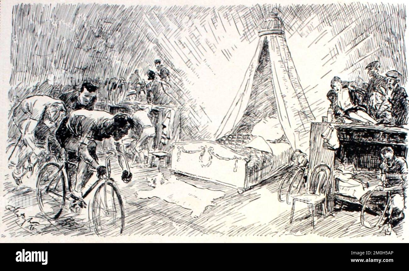 Zeichnung von Theo Matejko (1893-1946) von 1932 mit dem Untertitel 'Fata Morgana der 6-Tage-Rennfahrer in der fünften Nacht'. Dessin de Theo Matjeko (1893-1946) de 1932 avec le titre de 'Fata Morgana des coureurs de 6 jours dans la cinquième nuit'. Banque D'Images