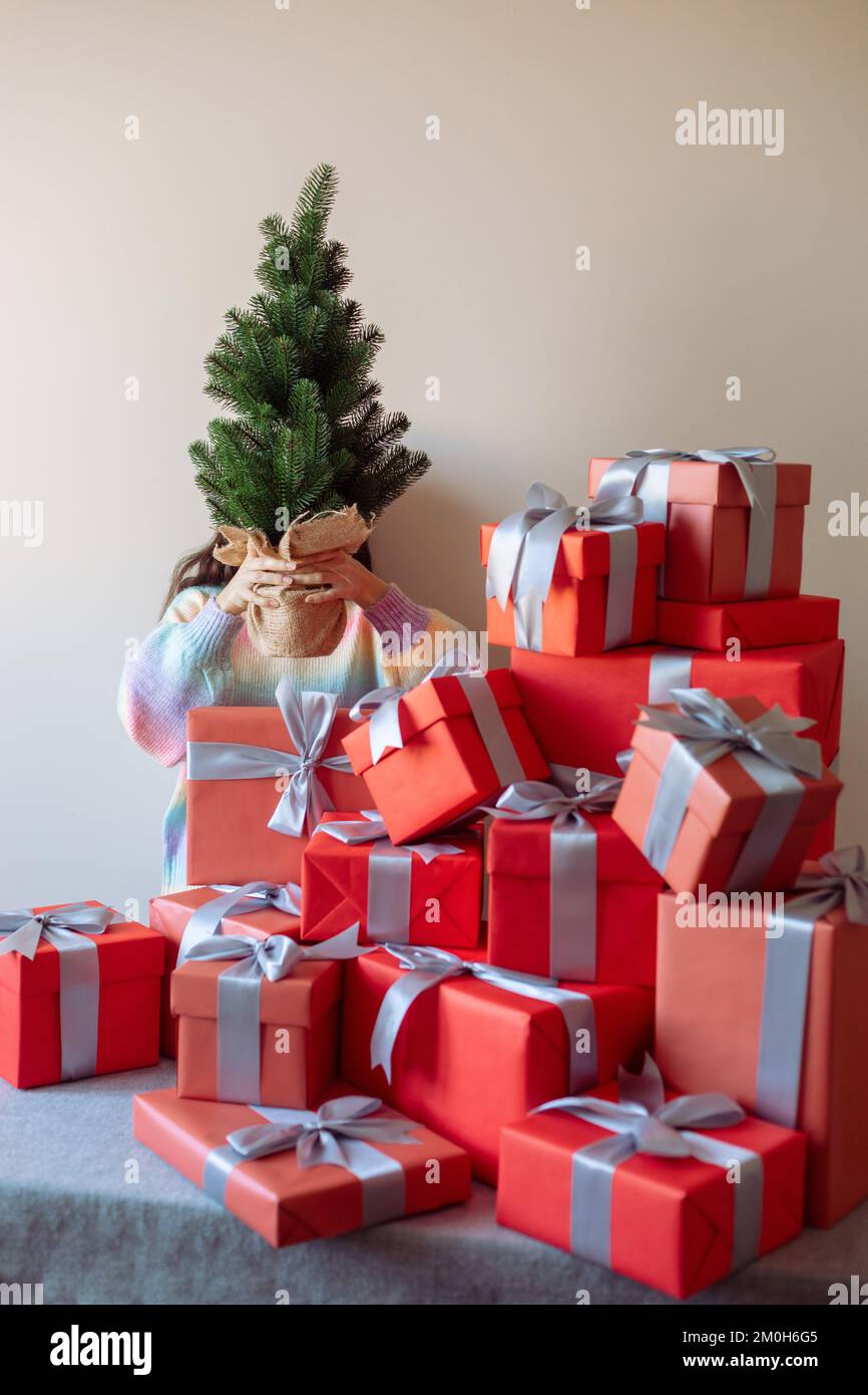 La fille tient un petit arbre de Noël dans ses mains et se cache derrière dans une composition du nouvel an Banque D'Images