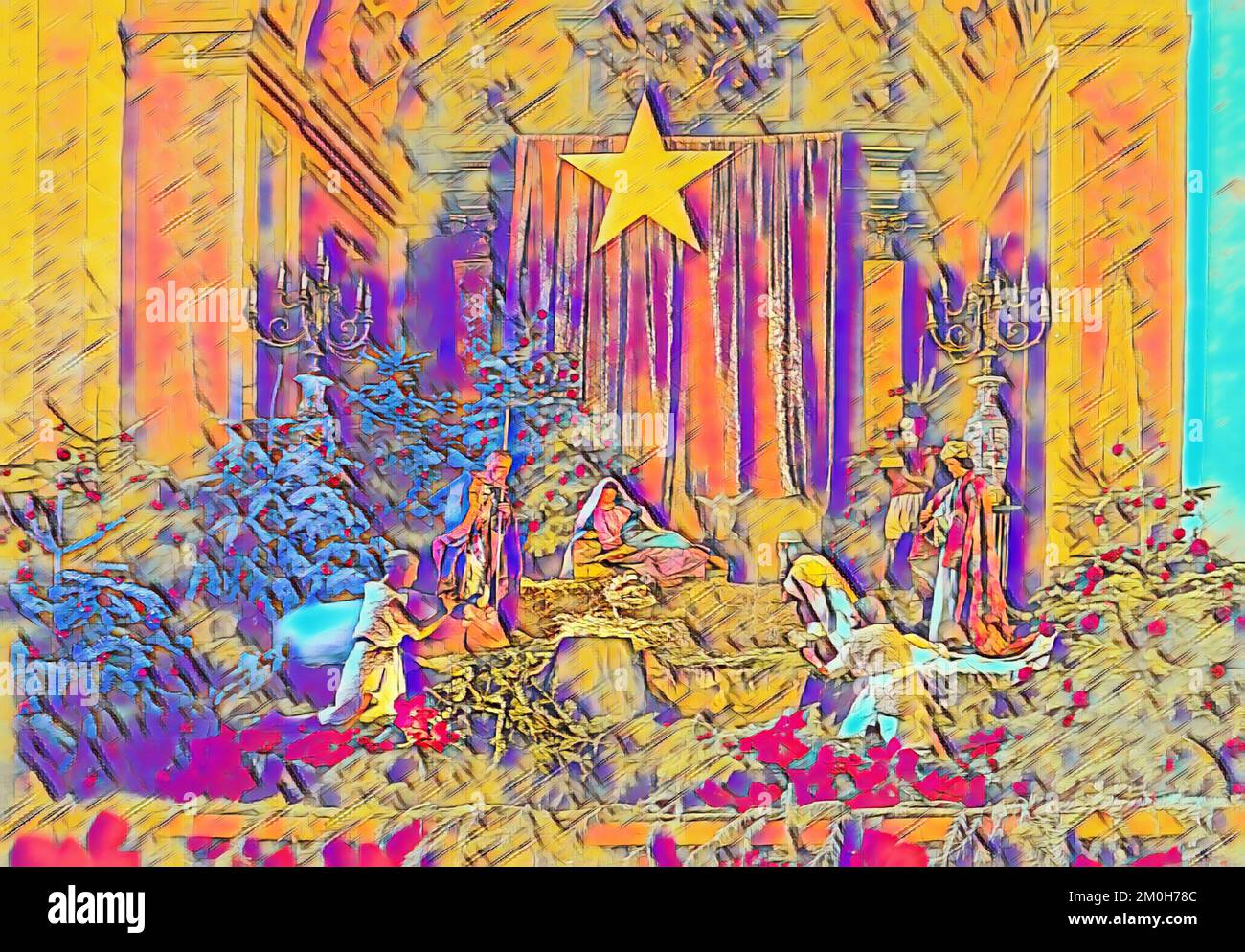 Scène de la Nativité dans l'église. Décoration de Noël. Arrière-plan de la fête des fêtes. Lumière et gloire. Mélange de peinture à l'huile. Carte de vœux. Banque D'Images
