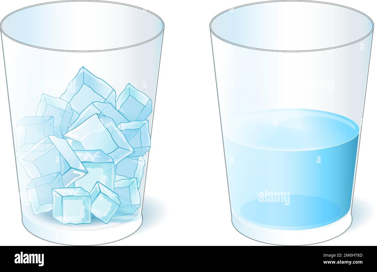 Expérience scientifique avec la glace et l'eau. états de matière. Deux verres avec glaçons et eau. congélation et fusion. liquide et solide. étude de phy Illustration de Vecteur