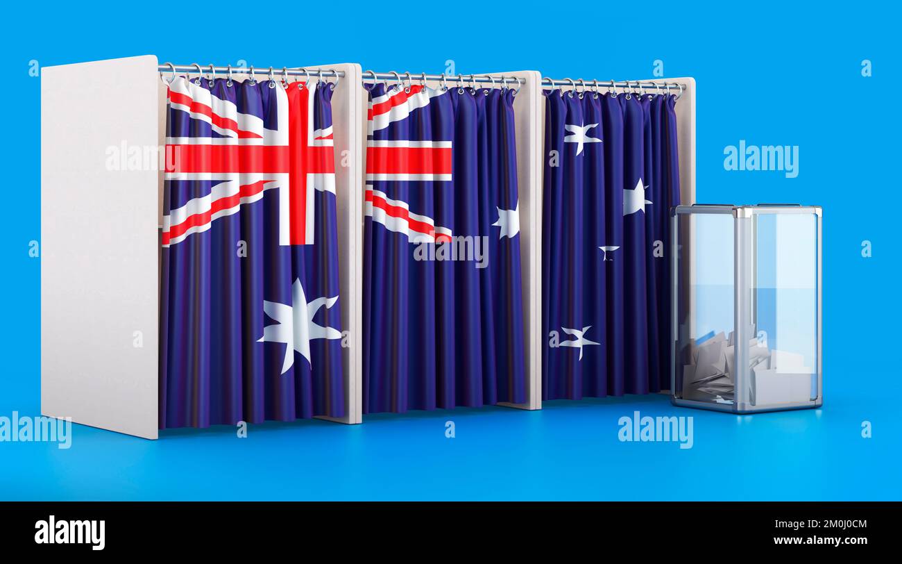 Cabines de vote avec drapeau australien et urne. Élections en Australie, concept. 3D rendu isolé sur fond bleu Banque D'Images