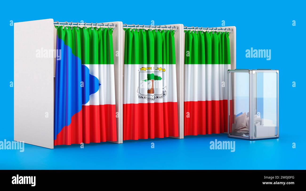 Cabines de vote avec drapeau de Guinée Equatoguinéen et urne. Élection en Guinée équatoriale, concept. 3D rendu isolé sur fond bleu Banque D'Images