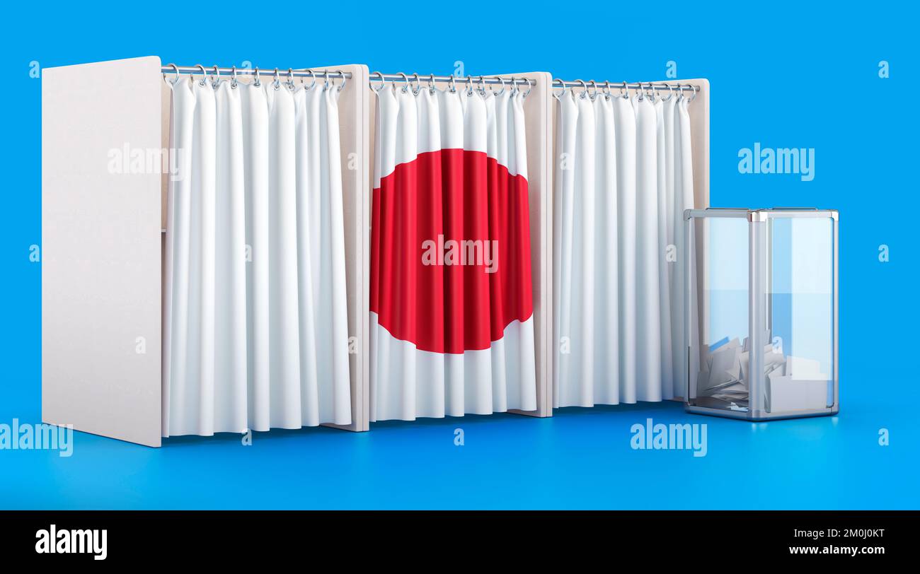 Cabines de vote avec drapeau japonais et boîte de vote. Élections au Japon, concept. 3D rendu isolé sur fond bleu Banque D'Images