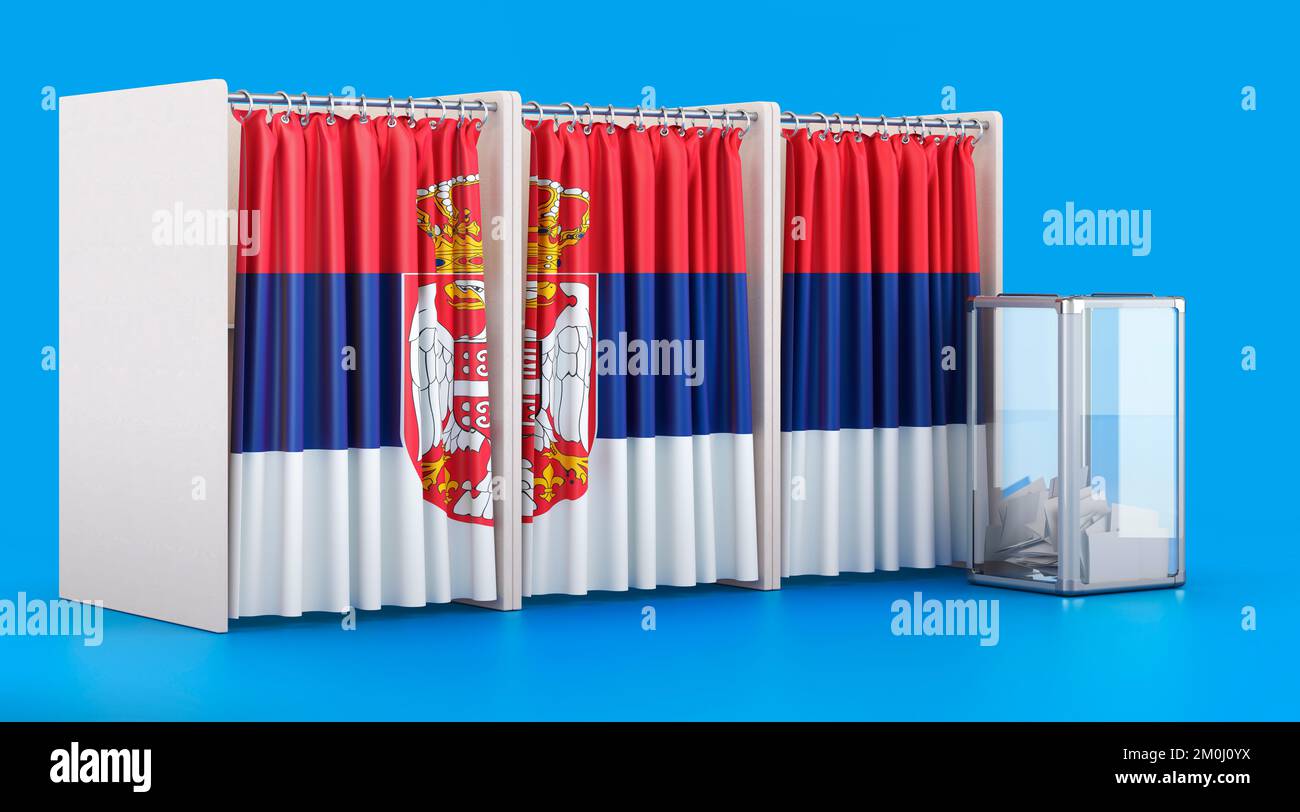 Cabines de vote avec drapeau serbe et urnes. Élections en Serbie, concept. 3D rendu isolé sur fond bleu Banque D'Images