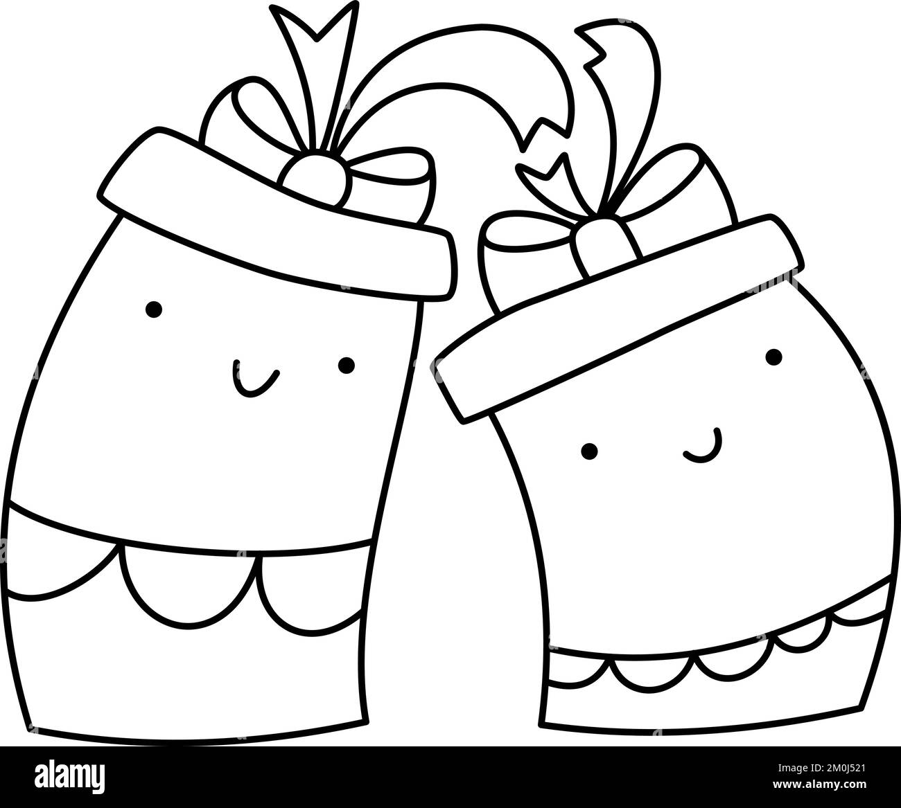 Scénario de Noël illustration de ligne couple de heureux amour souriant boîtes-cadeaux. Jolis éléments à motifs pour un motif hivernal. Joie et concept de famille Illustration de Vecteur
