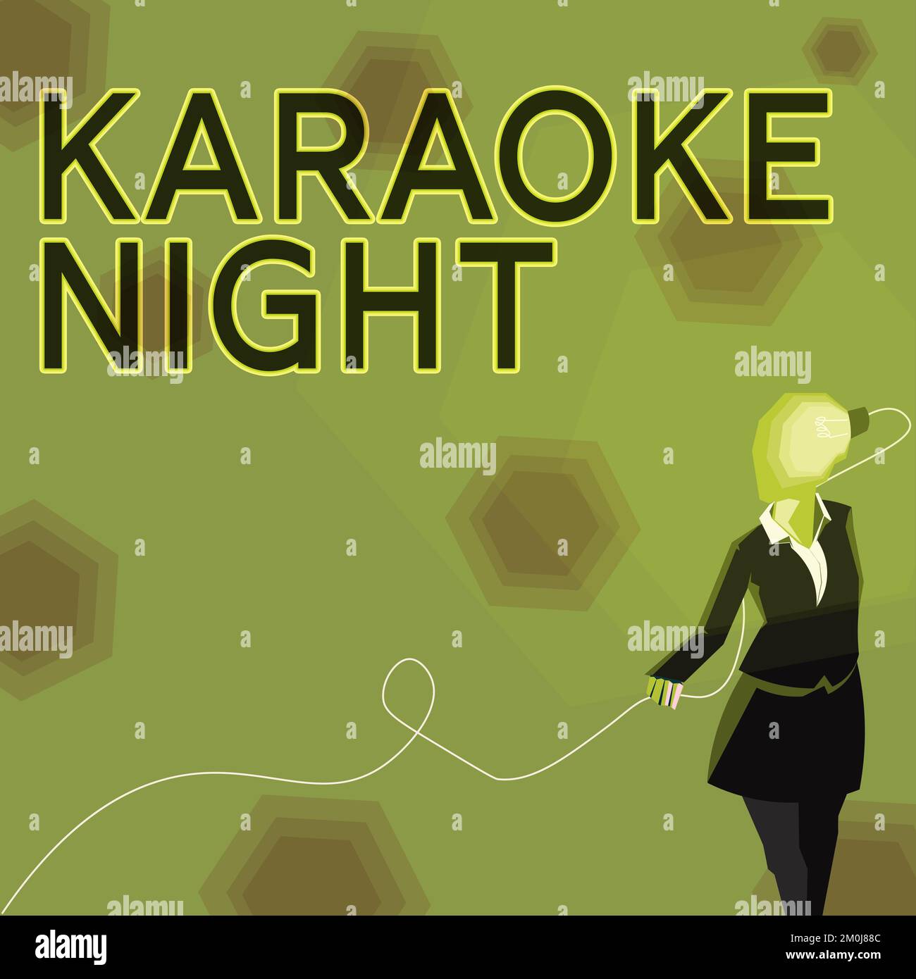 Légende du texte présentant la soirée karaoké. Business Idea Entertainment chant le long de la musique instrumentale jouée par une machine Banque D'Images