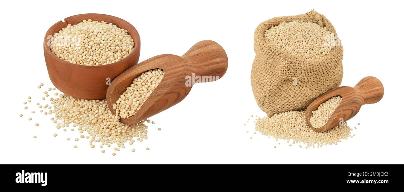 graines de quinoa blanc dans un bol en bois isolé sur fond blanc avec pleine profondeur de champ. Banque D'Images