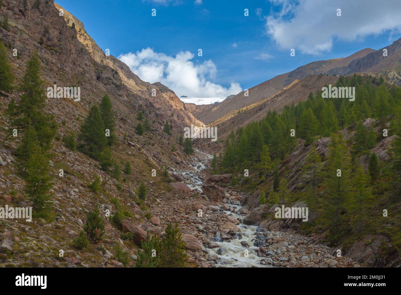 Panorama de la vallée alpine avec ruisseau formé par la fonte du glacier Banque D'Images