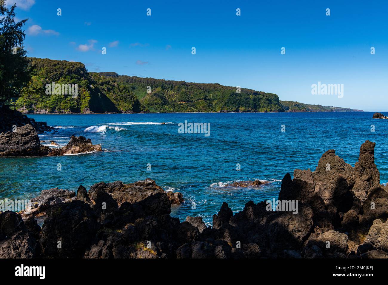 Roche volcanique le long du rivage de la péninsule de Keanae à Maui, Hawaï Banque D'Images