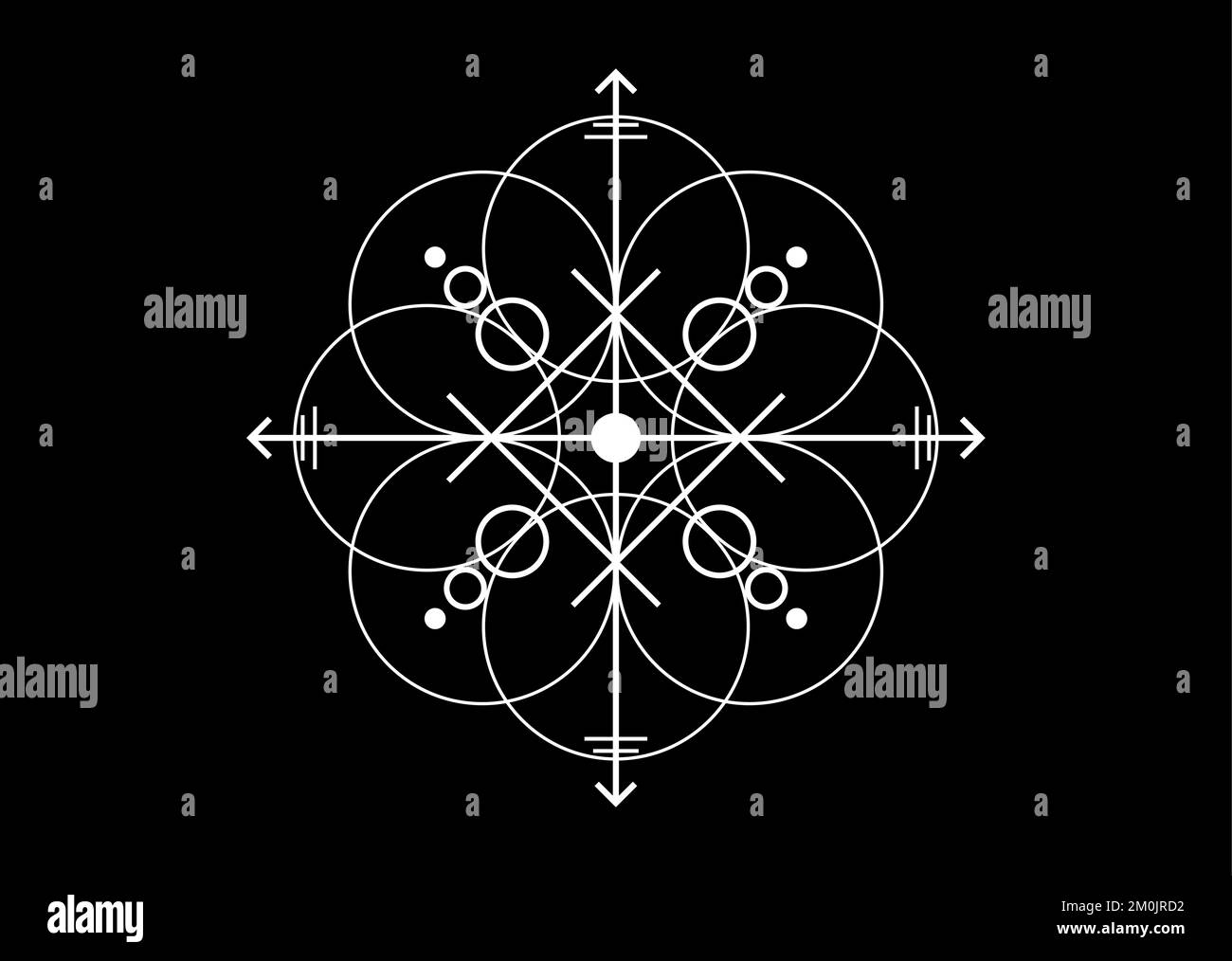 sceau sacré d'énergie puissante, sigil pour la protection avec des formes géométriques et des flèches mystiques, symbole de croix de tatouage blanc vecteur isolé sur noir Illustration de Vecteur