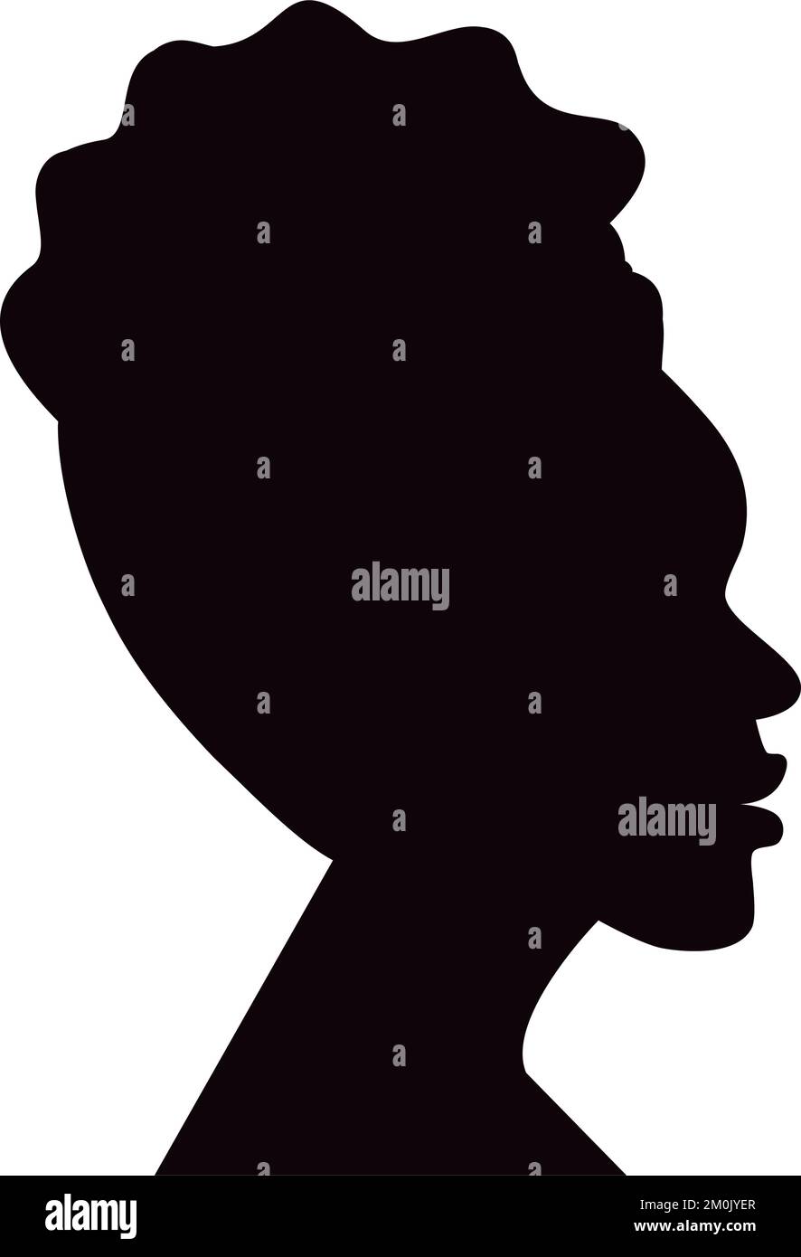 Profil de la silhouette d'une femme afro-américaine avec les cheveux bouclés tirés vers le haut. Autocollant. Icône. Isoler. Idéal pour le lettrage, la bannière, l'affiche, les cartes, l'invitation ou le message d'accueil, étiquette et étiquette de prix. EPS Illustration de Vecteur