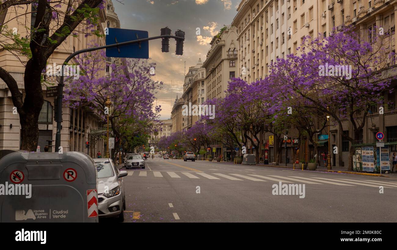 Vue sur le paysage de l'avenue Roque saenz Peña pendant un après-midi nuageux Banque D'Images