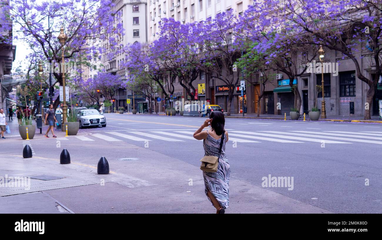 Jeune femme marchant dans les rues colorées de Buenos Aires Banque D'Images