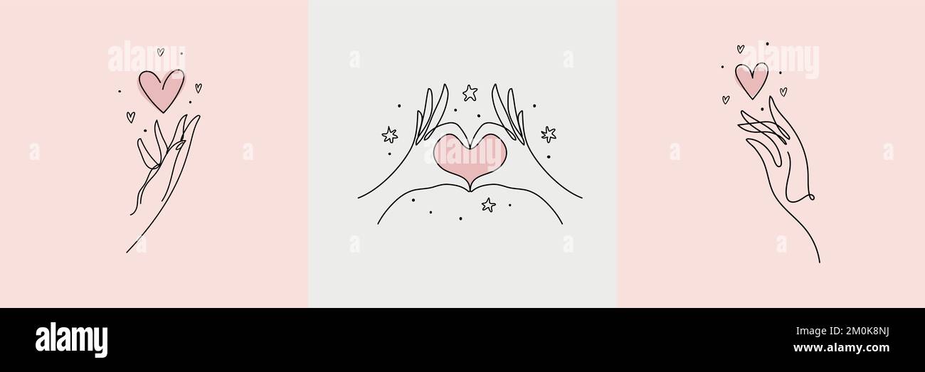 Ensemble d'icônes de salon de beauté, concept d'amour de soi. Art continu de la main et du coeur, symbole esthétique, tatouage femelle. Illustration vectorielle isolée sur whi Illustration de Vecteur