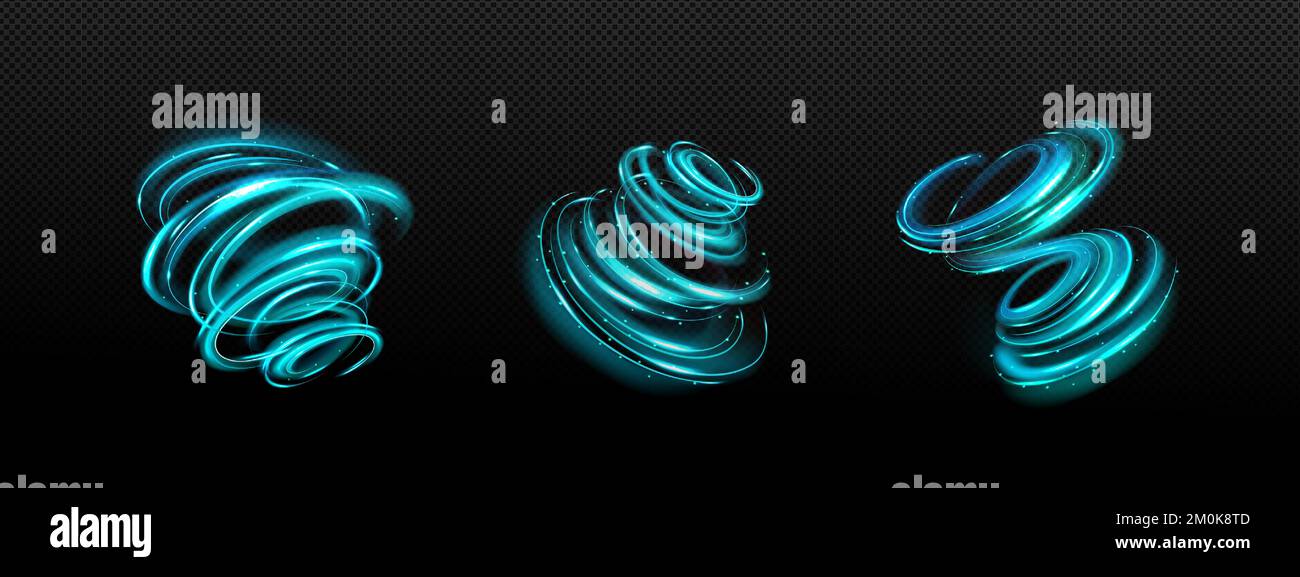 Ensemble de spirales bleues abstraites png isolé sur transparent. Illustration vectorielle réaliste d'un effet magique étincelant, d'un vent de tornade en spirale, d'un vortex d'air frais, d'un sentier lumineux au néon lumineux avec des particules chatoyantes Illustration de Vecteur