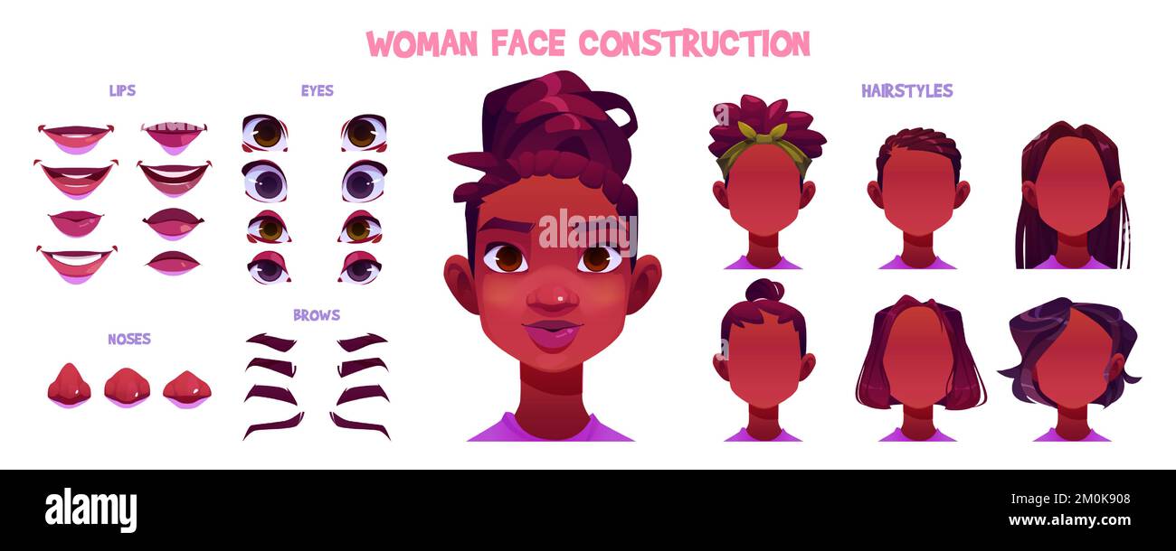 Femme constructeur de visage, avatar de la création africaine de personnage féminin têtes de peau foncée, la coiffure, le nez, les yeux avec les sourcils et les lèvres. Éléments faciaux isolés pour ensemble de vecteur de dessin animé de construction Illustration de Vecteur