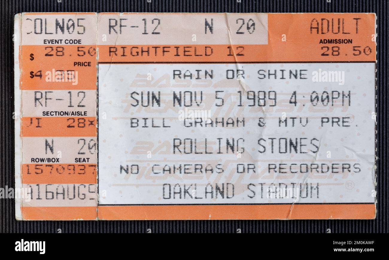 Oakland, Californie - 5 novembre 1989 - ancien billet utilisé pour le concert Rolling Stones au stade d'Oakland Banque D'Images