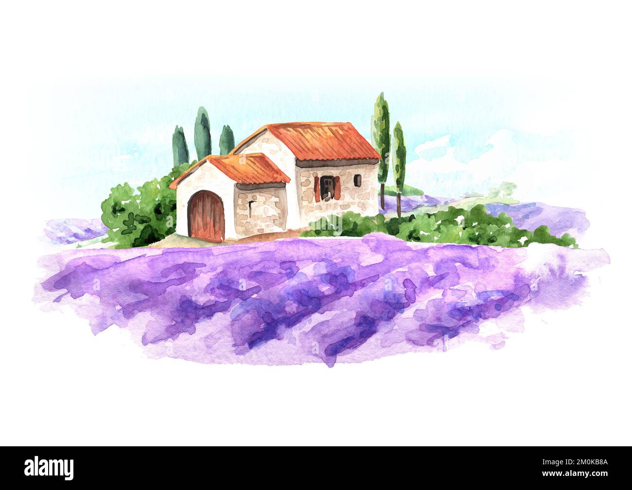 Champ de lavande, paysage d'été de Provence. Bienvenue au concept de carte France. Illustration aquarelle dessinée à la main isolée sur fond blanc Banque D'Images