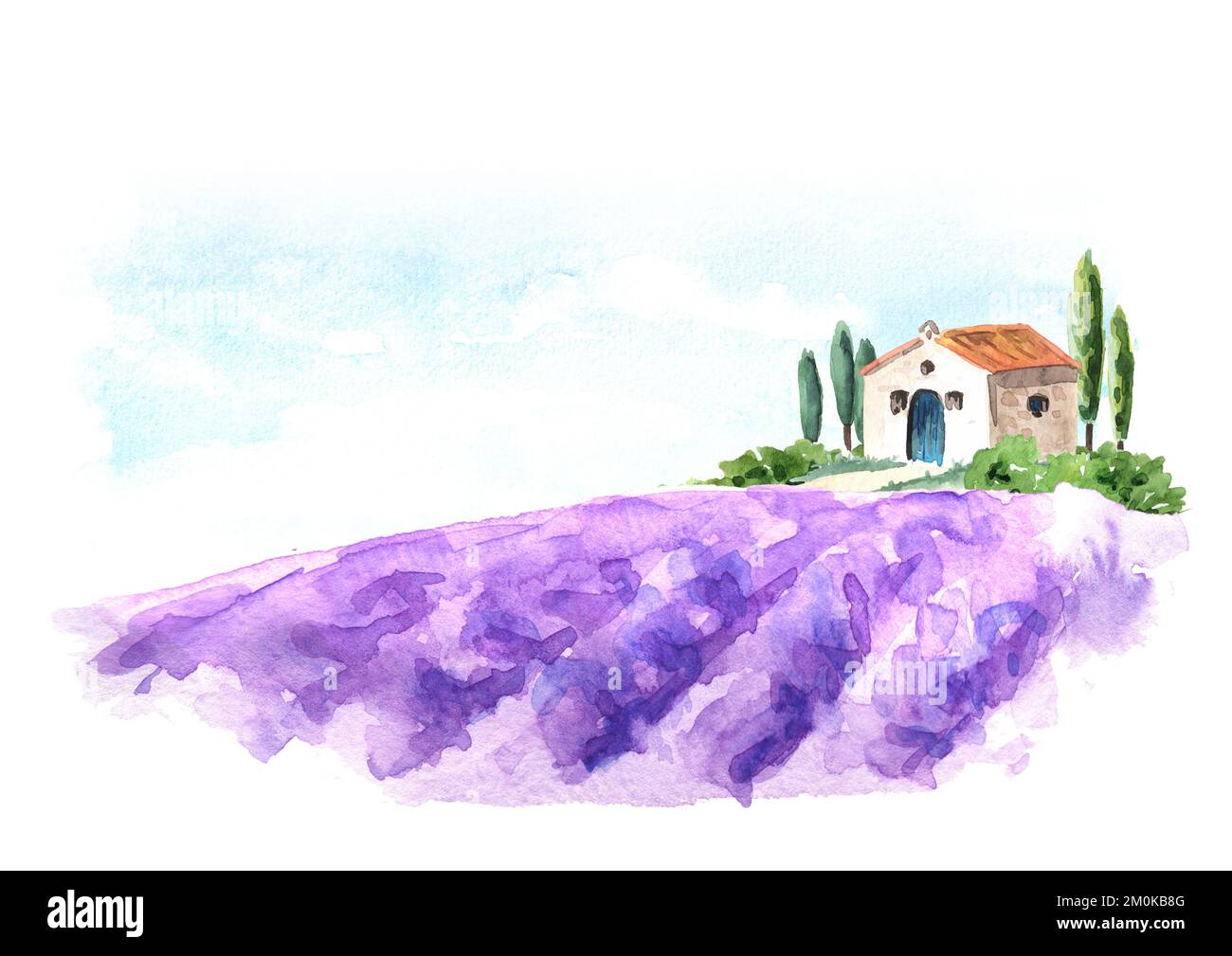 Champ de lavande, paysage d'été de Provence. Bienvenue au concept de carte France. Illustration aquarelle dessinée à la main isolée sur fond blanc Banque D'Images