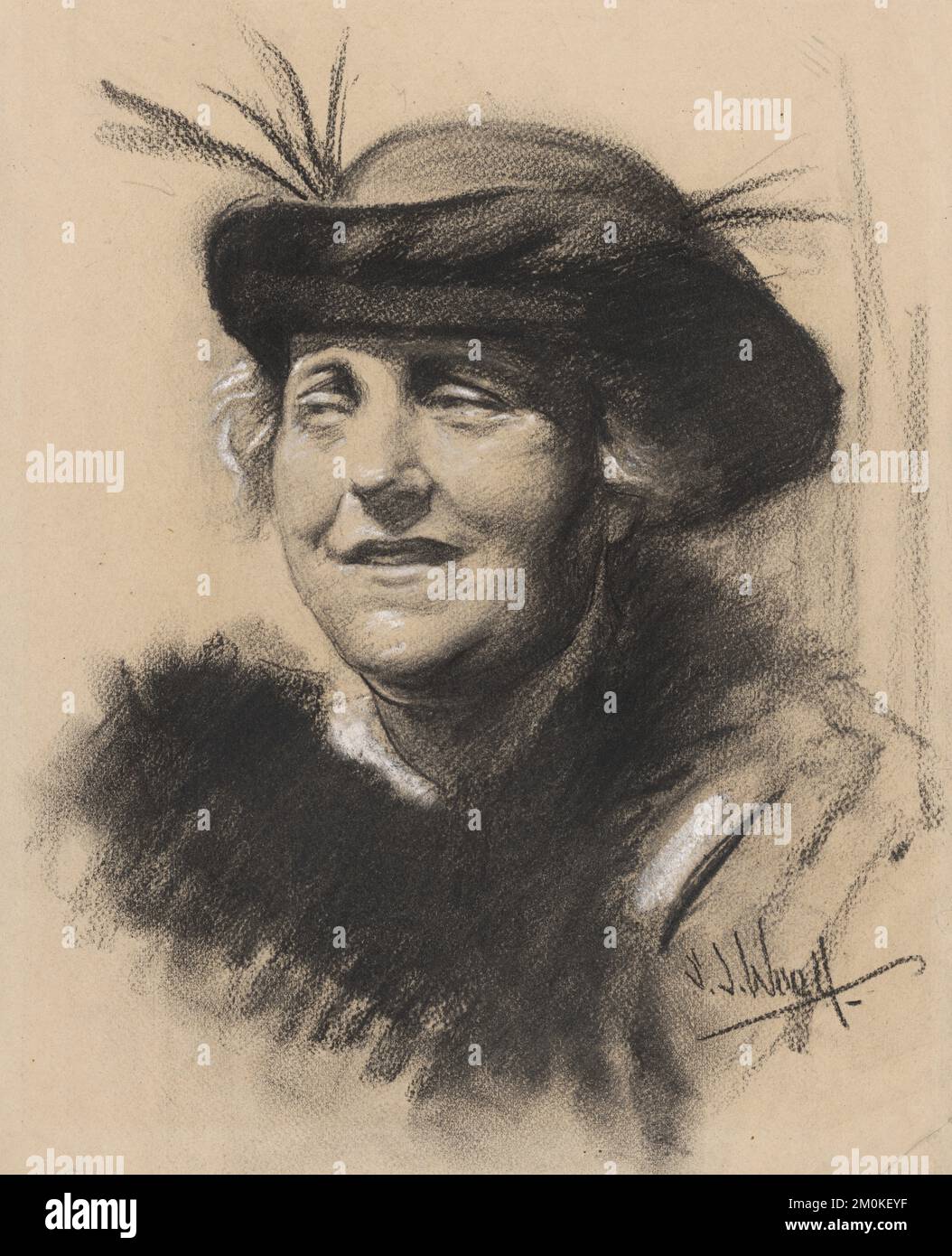 Portrait de charbon de bois et de pastels dessin d'Elsa Einstein, deuxième femme et cousin du physicien Albert Einstein, dessin de Samuel Johnson Woolf. Banque D'Images