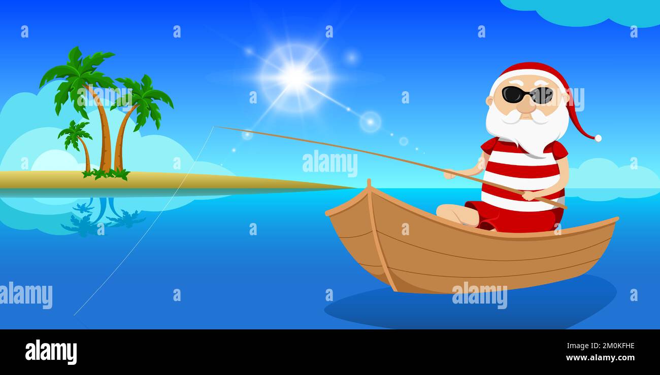 Santa pêche en bateau en mer. Illustration vectorielle. Illustration de Vecteur